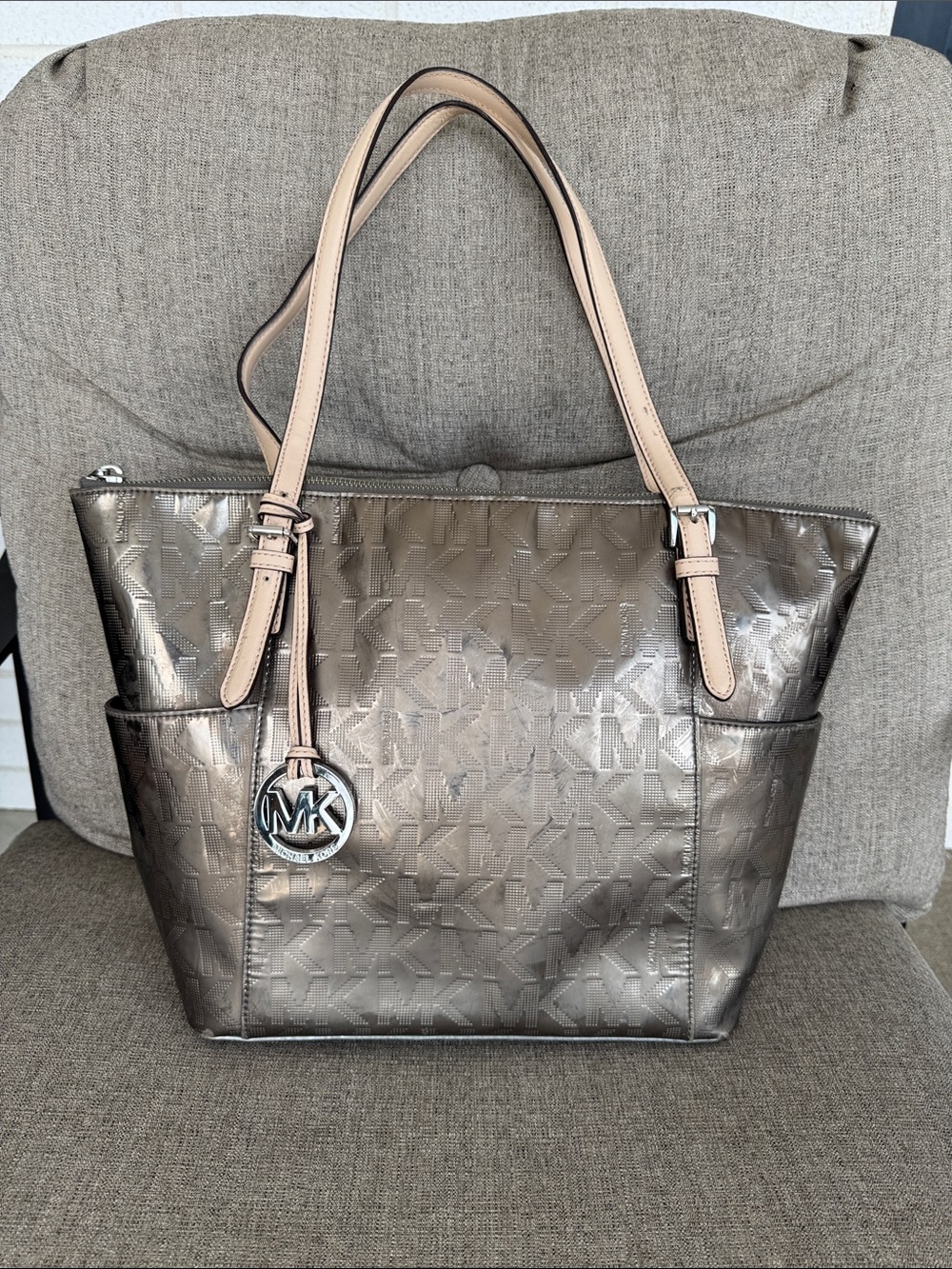 Michael Kors Metallic Bronze MK Tote with Tan Straps and Charm